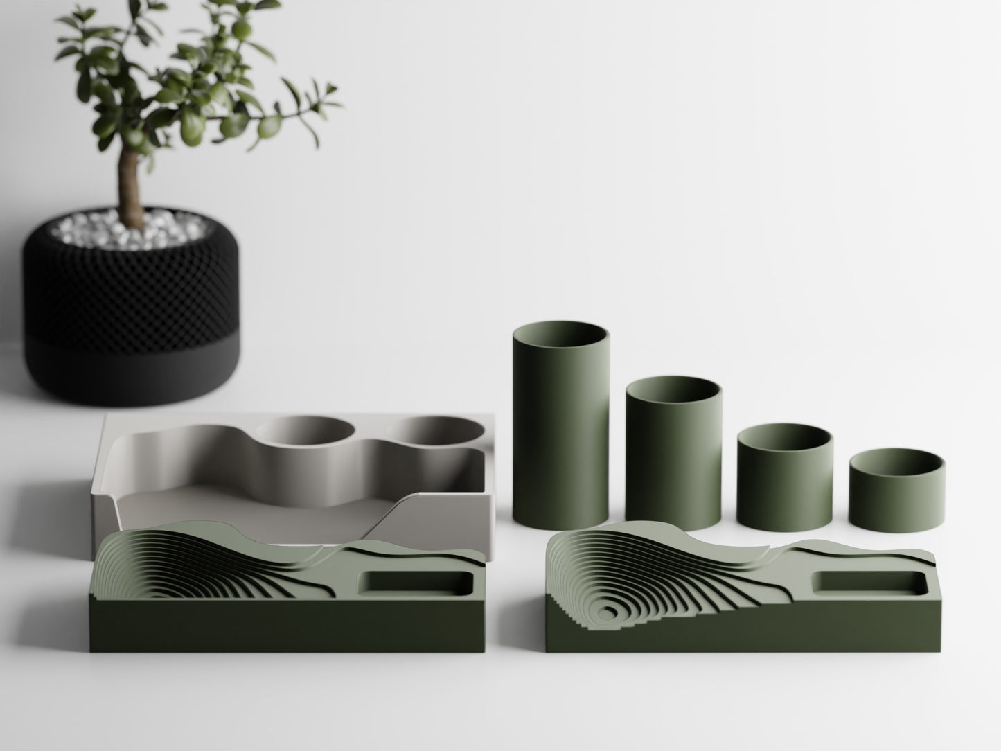 Topographic Desk Organizer | 3D Printed Landscape Tray with Planter & Pen Cup | Modern Sage Green Office Decor | Modular Desk Tidy | Architect Gift