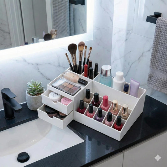 Small vanity makeup organizer with drawers and top compartments for brushes, 3D printed bathroom counter storage.