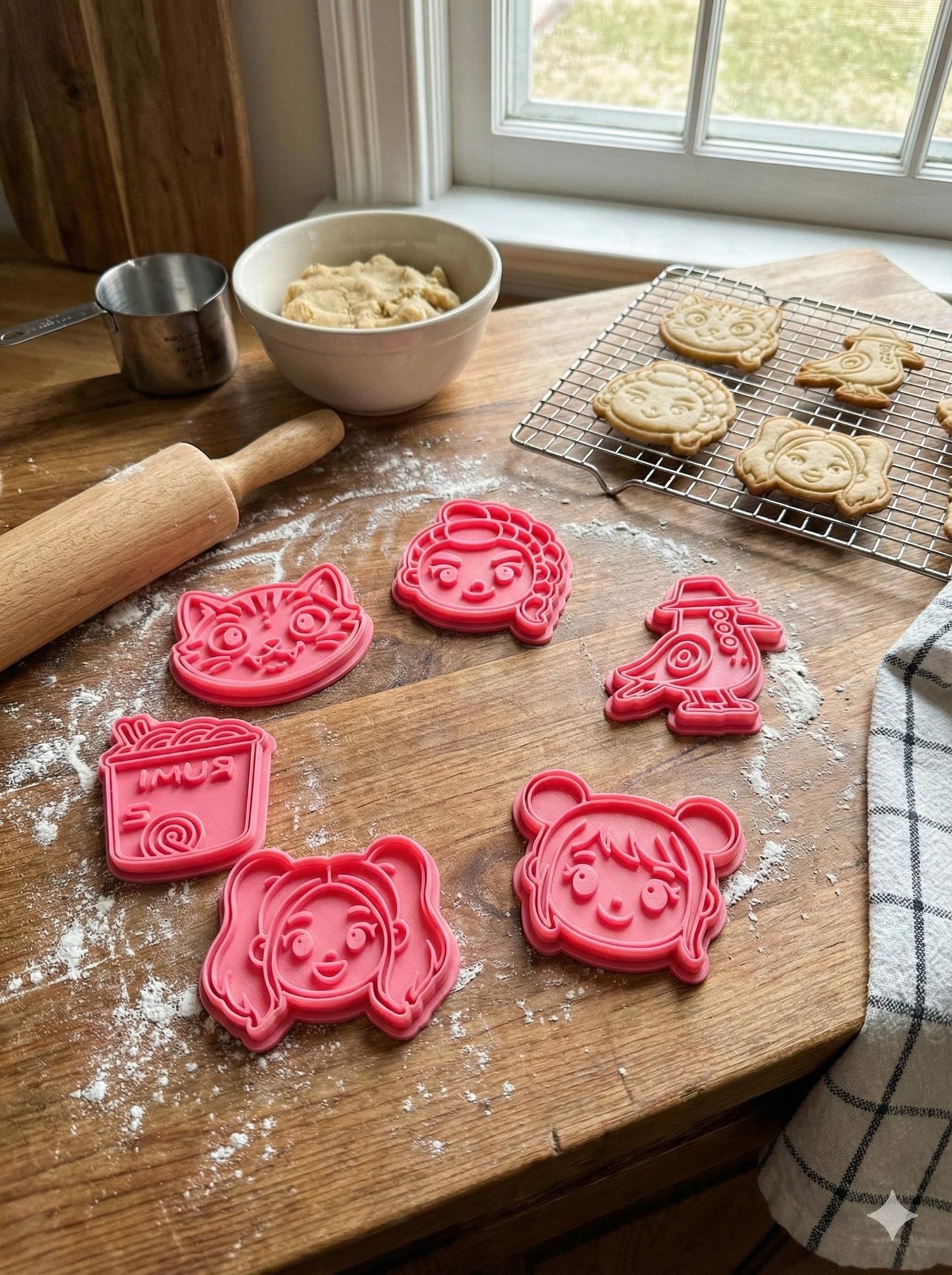 12-Piece K-Pop Huntrex Cookie Cutter Set – Rumi, Zoey & Mira Idol Cutters – Derpy Tiger, Sussie and Ramen Cup Baking Tools for Fans