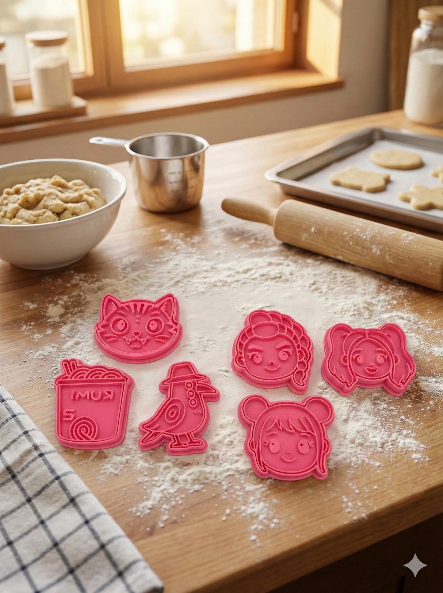 12-Piece K-Pop Huntrex Cookie Cutter Set – Rumi, Zoey & Mira Idol Cutters – Derpy Tiger, Sussie and Ramen Cup Baking Tools for Fans
