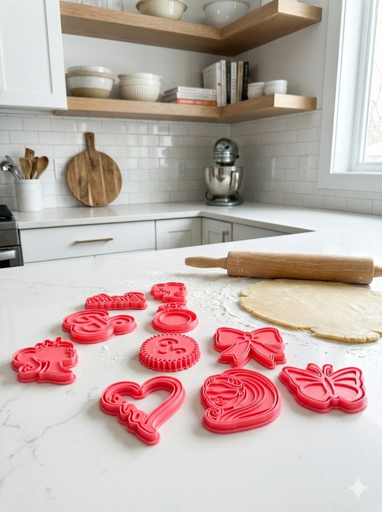 10-piece Barbie-inspired cookie cutter set featuring silhouettes, high heels, and iconic shapes for a pink Malibu-themed party.