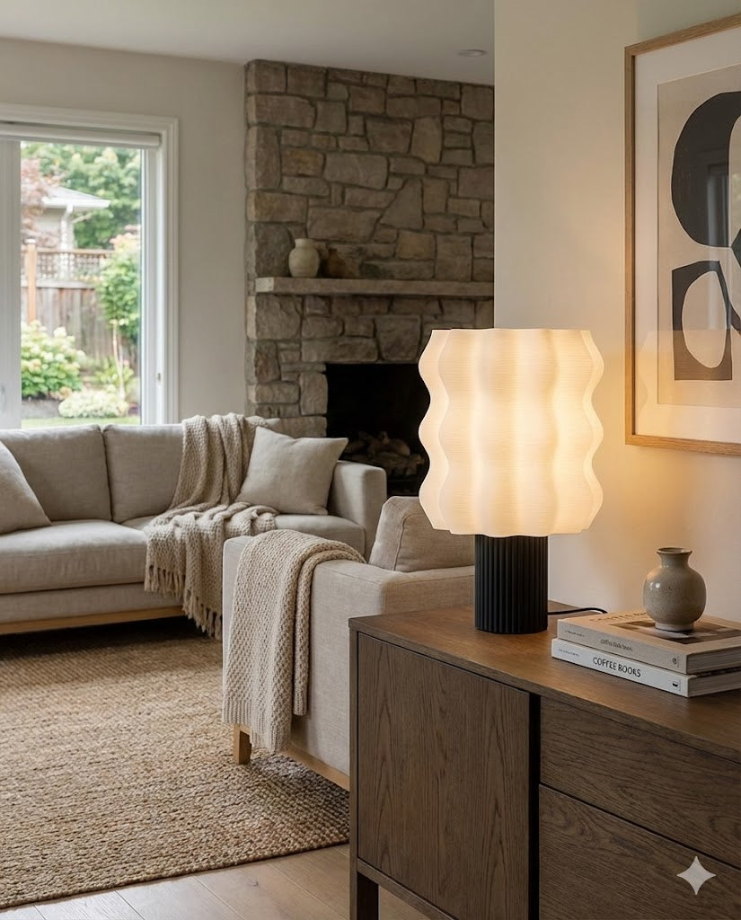 Sculptural wavy 3D printed table lamp in a modern living room, showing detailed ribbed texture and warm LED lighting.