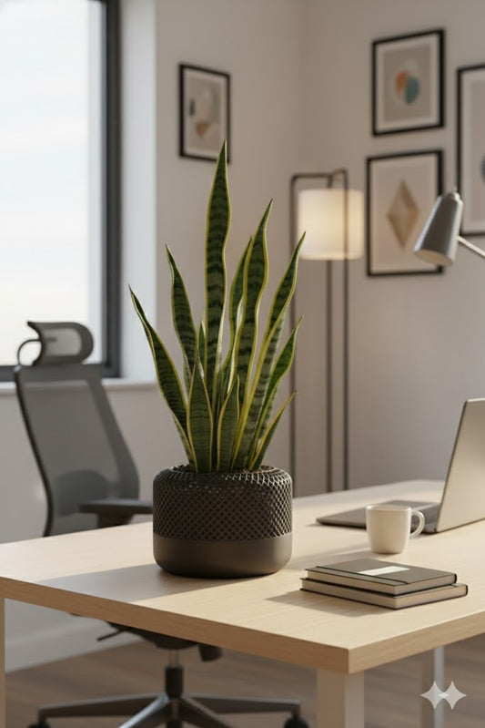 Matte black 3D printed planter with mesh texture sitting on light wood desk next to laptop