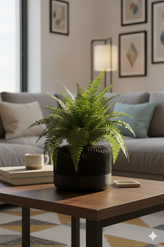 Modern minimalist plant pot with fern on coffee table in smart home living room.