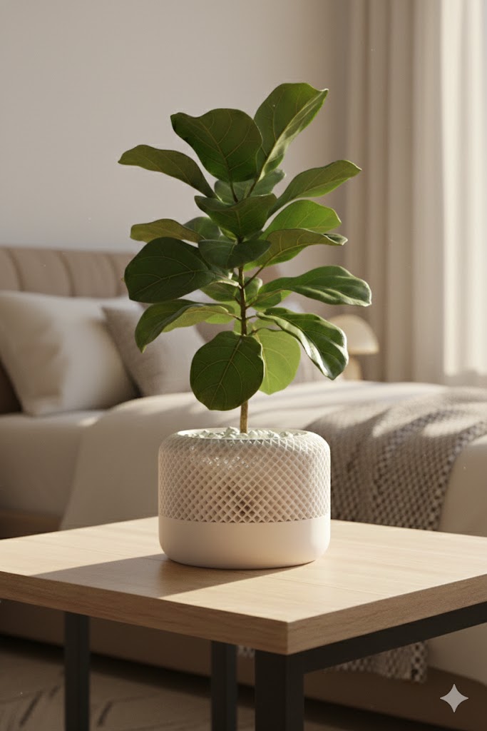 Close up of geometric grid texture on 3D printed smart speaker style flower pot.