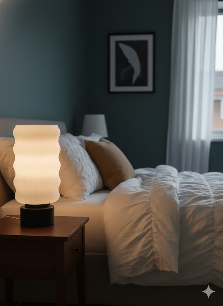 Kamino 3D printed wavy lamp with black base on bedroom nightstand