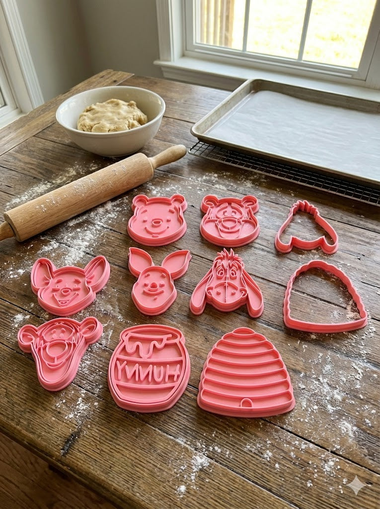 Winnie the Pooh and Tigger cookie cutters, 3D printed classic character shapes for baby showers and honey-themed parties.