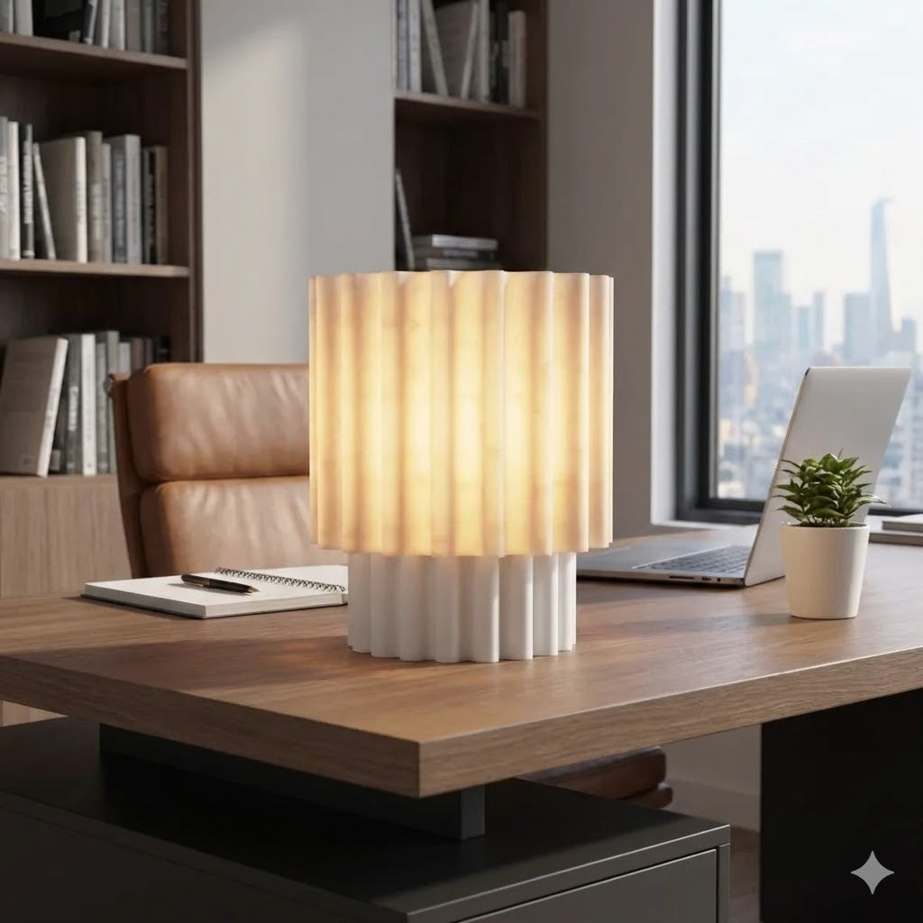 Minimalist Japandi ribbed lamp 3D printed in white, sitting on a clean workspace with a 16ft extra-long power cord.