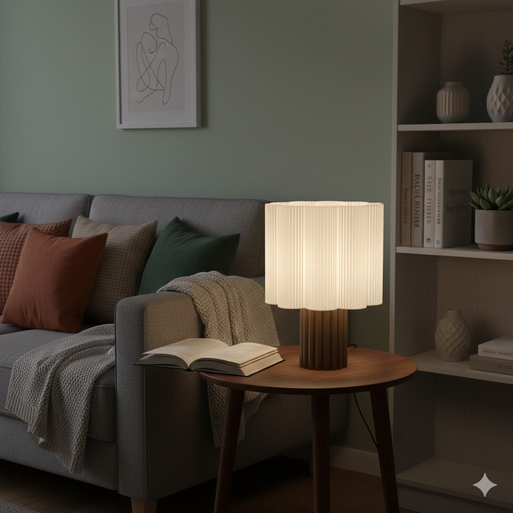 Close up of a Silo pleated lamp on a round wooden side table next to a grey sofa with green and terracotta pillows.