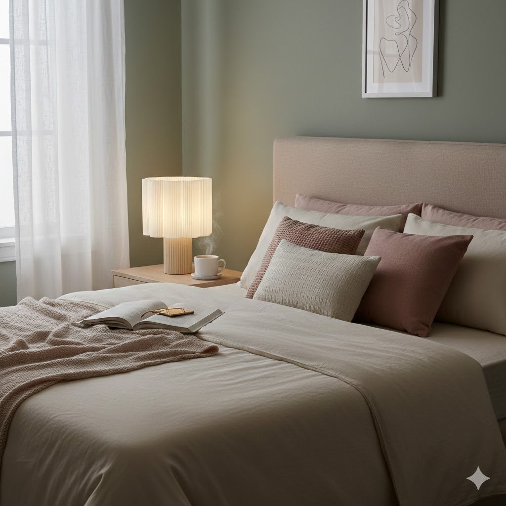 Minimalist 3D printed Silo lamp on a wooden nightstand in a Japandi style bedroom with soft neutral bedding