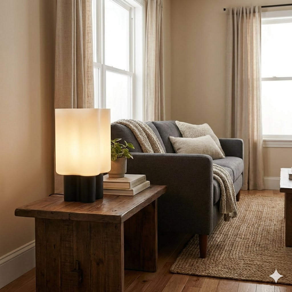 Minimalist wavy bedside light 3D printed in white, sitting on a nightstand with smart bulb integration for a relaxing atmosphere.
